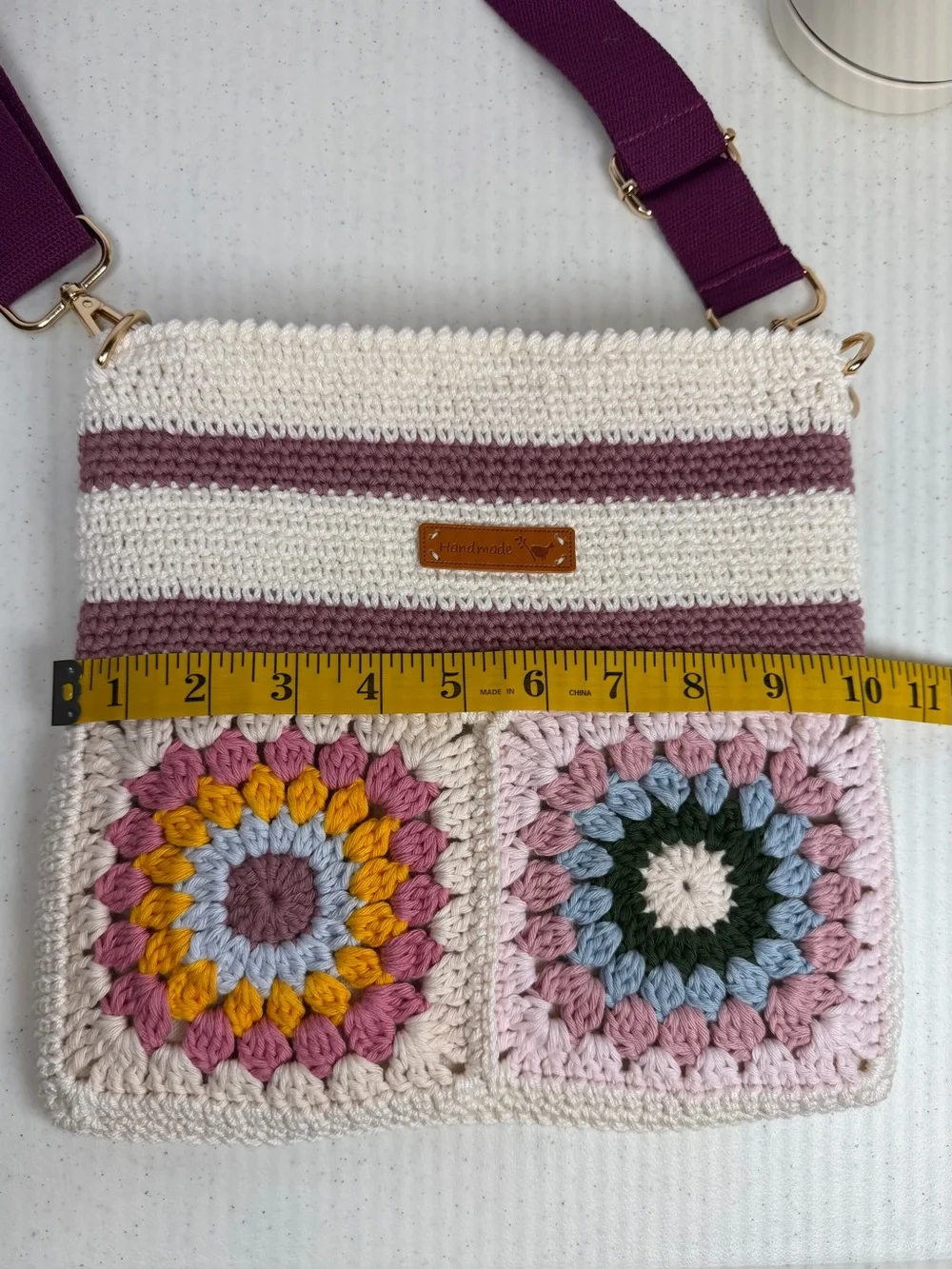 Crochet Granny Square Crossbody Bag Adjustable Strap, Zippered Lined Purse